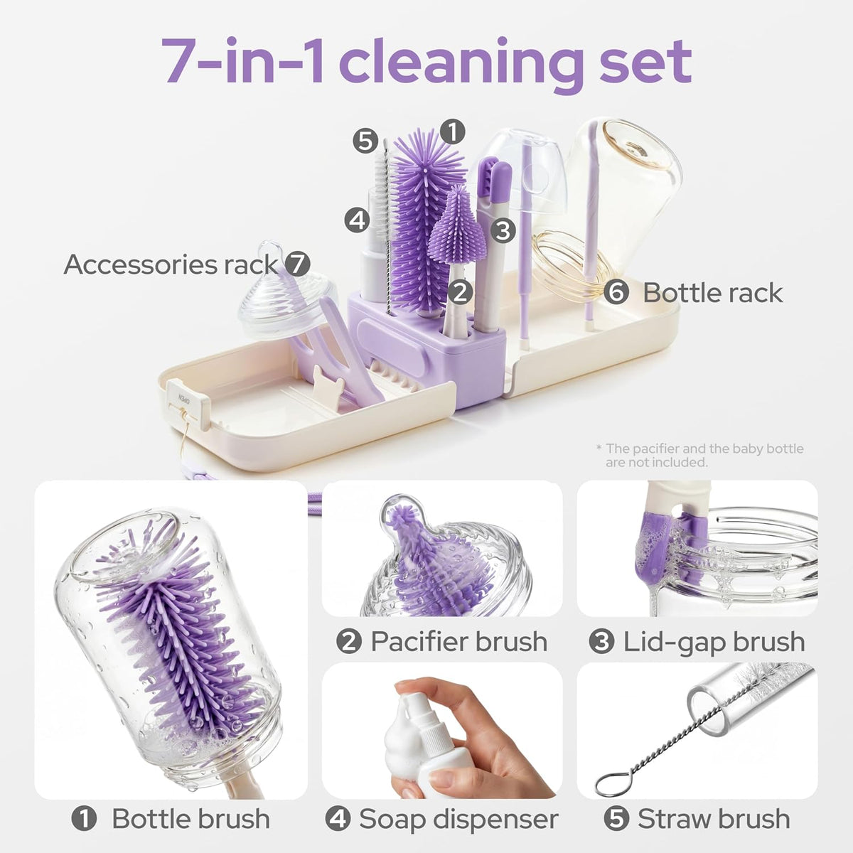 7-in-1 Travel Baby Bottle Cleaning Kit, Silicone Brush Tools, Mint
