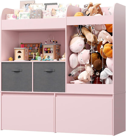 Kids Bookshelf, Stuffed Animal Storage with Play Mat, Wooden Toy Storage Organizer with 2 Movable Drawers and 3 Tier Bookshelf for Kids Room, Playroom, Nursery, Easy Assembly, White
