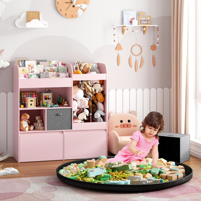 Kids Bookshelf, Stuffed Animal Storage with Play Mat, Wooden Toy Storage Organizer with 2 Movable Drawers and 3 Tier Bookshelf for Kids Room, Playroom, Nursery, Easy Assembly, White