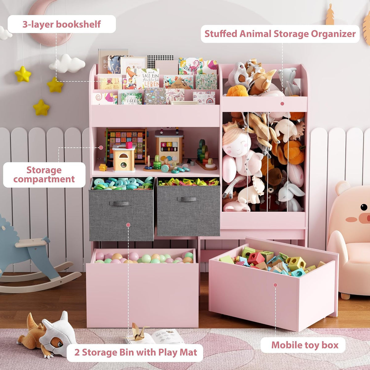 Kids Bookshelf, Stuffed Animal Storage with Play Mat, Wooden Toy Storage Organizer with 2 Movable Drawers and 3 Tier Bookshelf for Kids Room, Playroom, Nursery, Easy Assembly, White