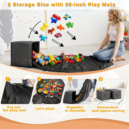 Kids Bookshelf, Stuffed Animal Storage with Play Mat, Wooden Toy Storage Organizer with 2 Movable Drawers and 3 Tier Bookshelf for Kids Room, Playroom, Nursery, Easy Assembly, White