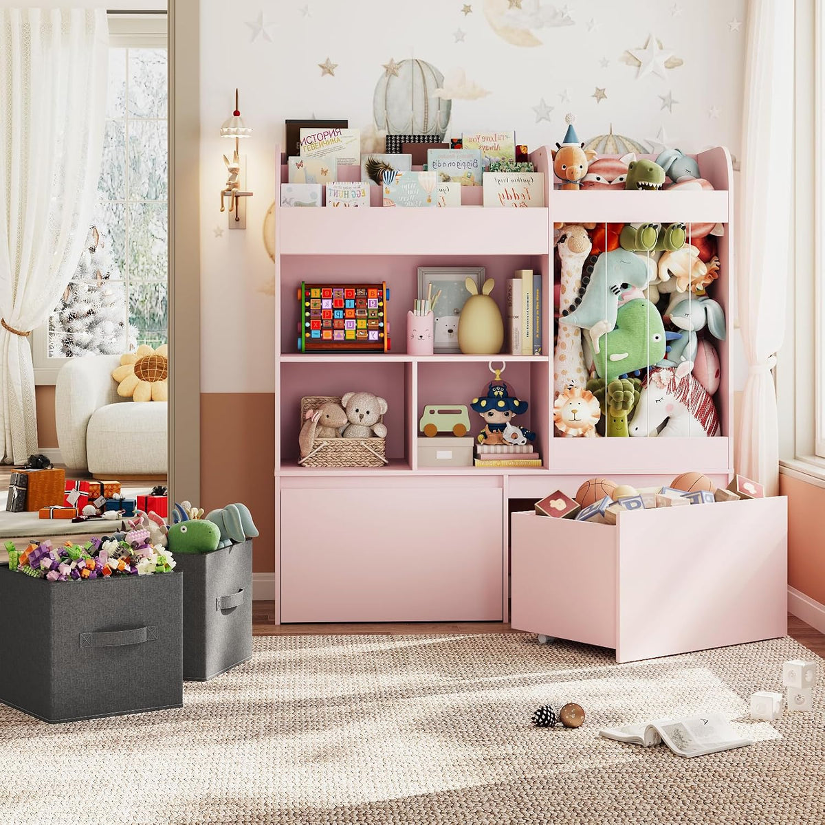 Kids Bookshelf, Stuffed Animal Storage with Play Mat, Wooden Toy Storage Organizer with 2 Movable Drawers and 3 Tier Bookshelf for Kids Room, Playroom, Nursery, Easy Assembly, White