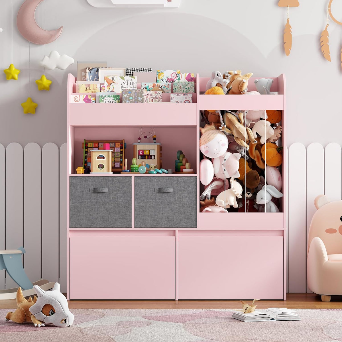 Kids Bookshelf, Stuffed Animal Storage with Play Mat, Wooden Toy Storage Organizer with 2 Movable Drawers and 3 Tier Bookshelf for Kids Room, Playroom, Nursery, Easy Assembly, White
