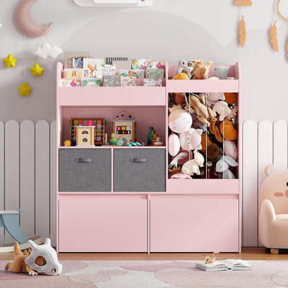 Kids Bookshelf, Stuffed Animal Storage with Play Mat, Wooden Toy Storage Organizer with 2 Movable Drawers and 3 Tier Bookshelf for Kids Room, Playroom, Nursery, Easy Assembly, White