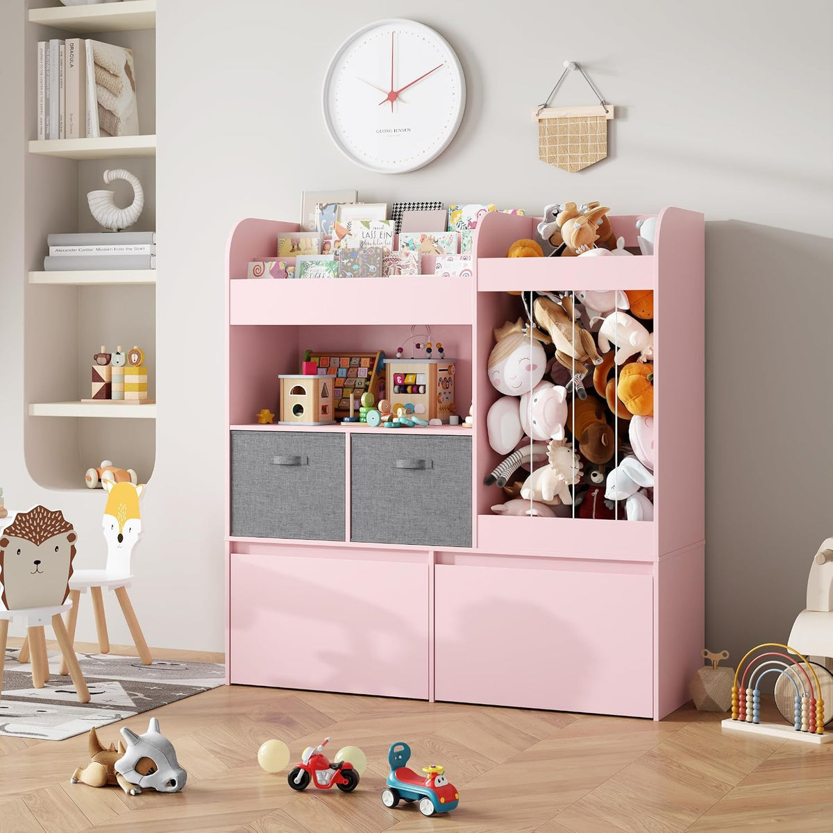 Kids Bookshelf, Stuffed Animal Storage with Play Mat, Wooden Toy Storage Organizer with 2 Movable Drawers and 3 Tier Bookshelf for Kids Room, Playroom, Nursery, Easy Assembly, White