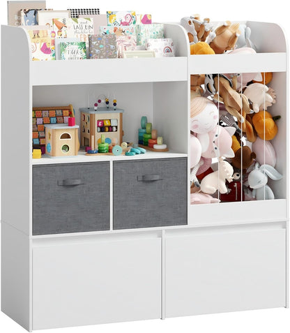 Kids Bookshelf, Stuffed Animal Storage with Play Mat, Wooden Toy Storage Organizer with 2 Movable Drawers and 3 Tier Bookshelf for Kids Room, Playroom, Nursery, Easy Assembly, White