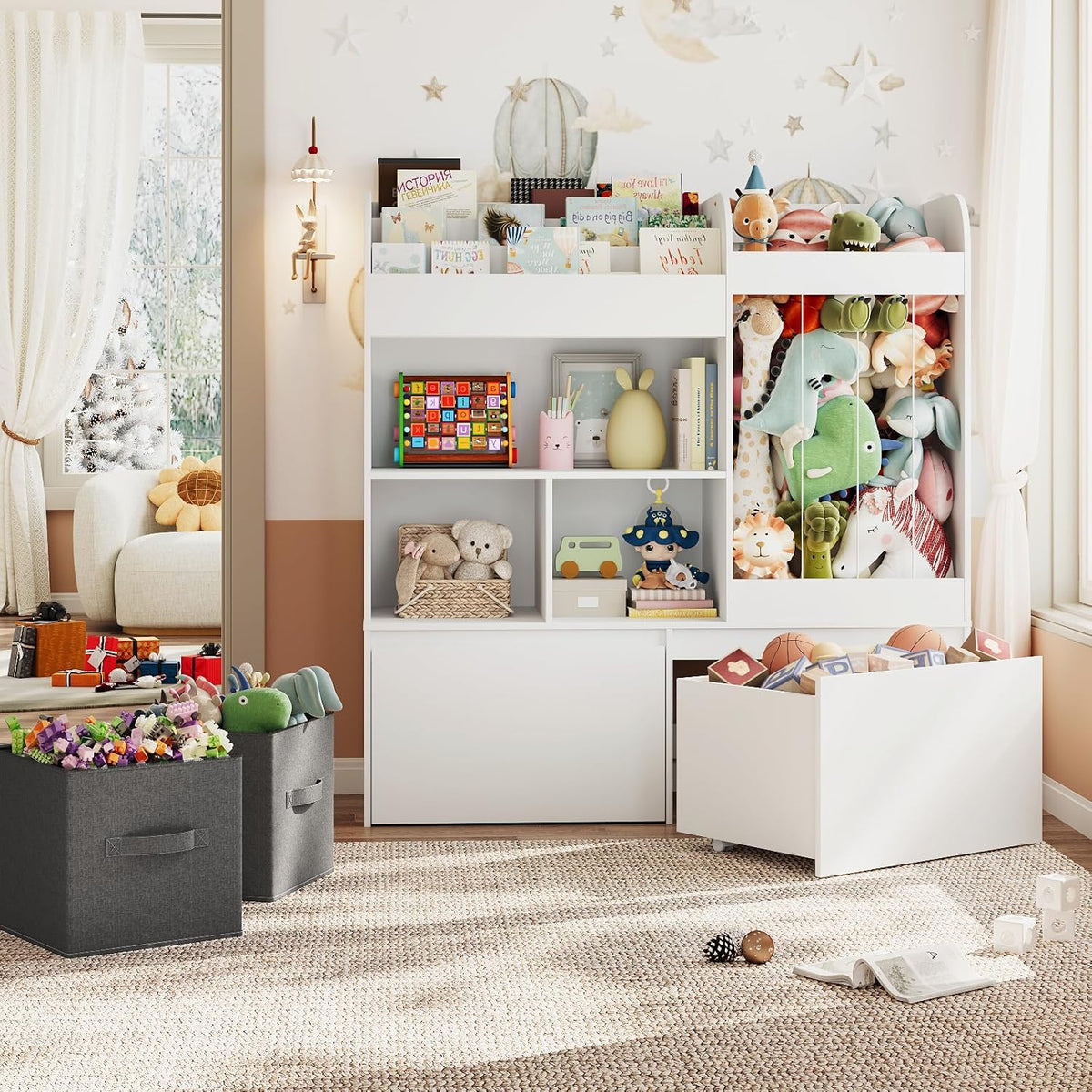 Kids Bookshelf, Stuffed Animal Storage with Play Mat, Wooden Toy Storage Organizer with 2 Movable Drawers and 3 Tier Bookshelf for Kids Room, Playroom, Nursery, Easy Assembly, White