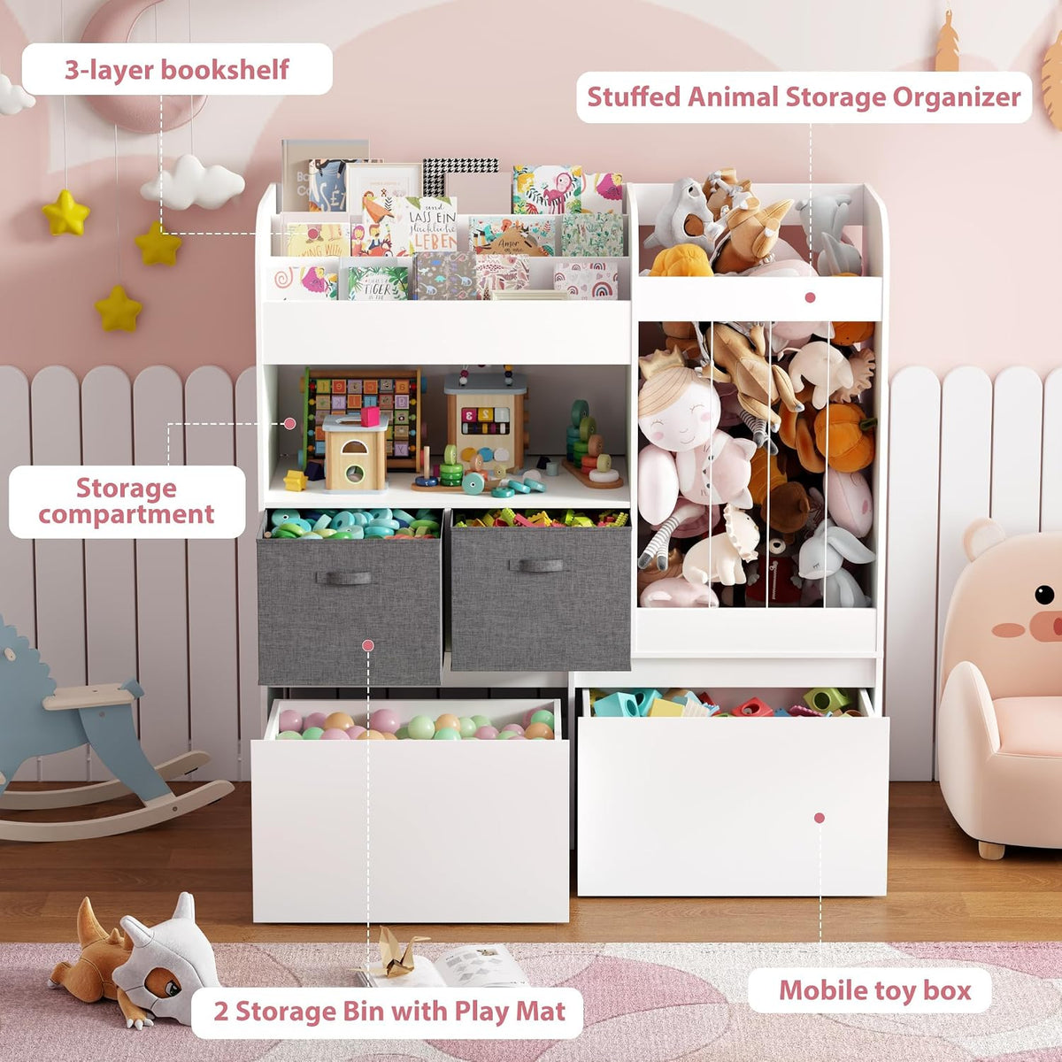 Kids Bookshelf, Stuffed Animal Storage with Play Mat, Wooden Toy Storage Organizer with 2 Movable Drawers and 3 Tier Bookshelf for Kids Room, Playroom, Nursery, Easy Assembly, White