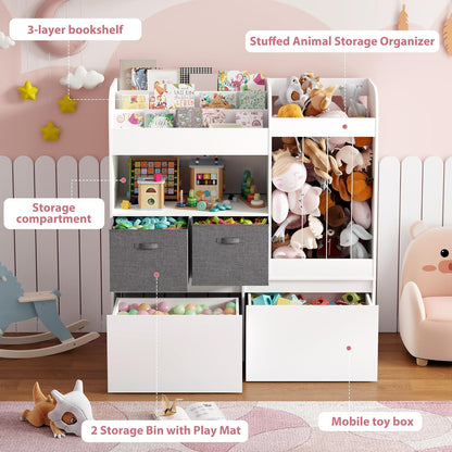 Kids Bookshelf, Stuffed Animal Storage with Play Mat, Wooden Toy Storage Organizer with 2 Movable Drawers and 3 Tier Bookshelf for Kids Room, Playroom, Nursery, Easy Assembly, White