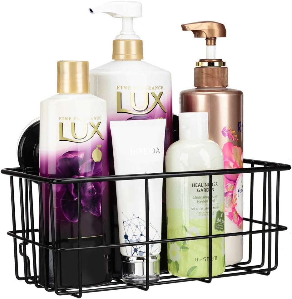 Suction Cup Shower Caddy Bath Wall Shelf, Deep Bathroom Basket Large Shower Caddy Bath Organizer Kitchen Storage Basket for Gel Holder Bathroom Storage Shampoo, Conditioner -Stainless steel