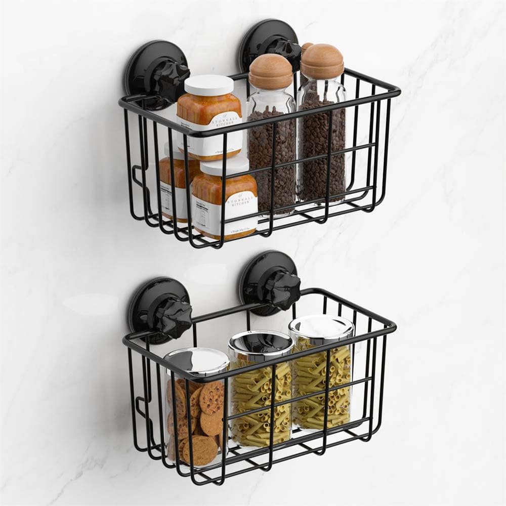 Suction Cup Shower Caddy Bath Wall Shelf, Deep Bathroom Basket Large Shower Caddy Bath Organizer Kitchen Storage Basket for Gel Holder Bathroom Storage Shampoo, Conditioner -Stainless steel