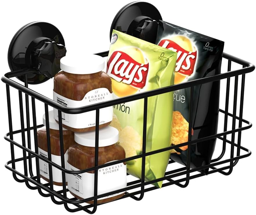 Suction Cup Shower Caddy Bath Wall Shelf, Deep Bathroom Basket Large Shower Caddy Bath Organizer Kitchen Storage Basket for Gel Holder Bathroom Storage Shampoo, Conditioner -Stainless steel