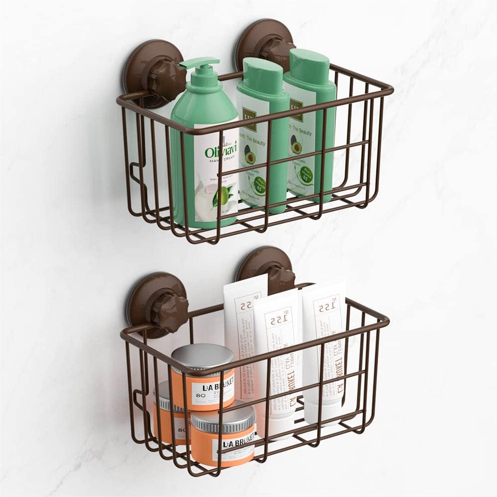 Suction Cup Shower Caddy Bath Wall Shelf, Deep Bathroom Basket Large Shower Caddy Bath Organizer Kitchen Storage Basket for Gel Holder Bathroom Storage Shampoo, Conditioner -Stainless steel