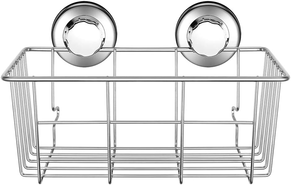 Suction Cup Shower Caddy Bath Wall Shelf, Deep Bathroom Basket Large Shower Caddy Bath Organizer Kitchen Storage Basket for Gel Holder Bathroom Storage Shampoo, Conditioner -Stainless steel