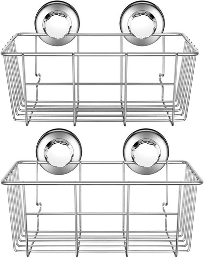 Suction Cup Shower Caddy Bath Wall Shelf, Deep Bathroom Basket Large Shower Caddy Bath Organizer Kitchen Storage Basket for Gel Holder Bathroom Storage Shampoo, Conditioner -Stainless steel
