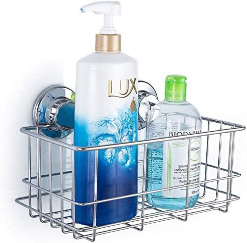 Suction Cup Shower Caddy Bath Wall Shelf, Deep Bathroom Basket Large Shower Caddy Bath Organizer Kitchen Storage Basket for Gel Holder Bathroom Storage Shampoo, Conditioner -Stainless steel