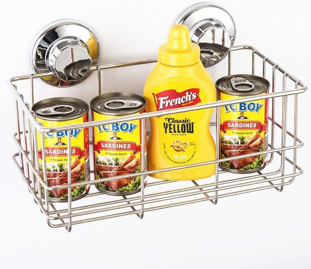 Suction Cup Shower Caddy Bath Wall Shelf, Deep Bathroom Basket Large Shower Caddy Bath Organizer Kitchen Storage Basket for Gel Holder Bathroom Storage Shampoo, Conditioner -Stainless steel