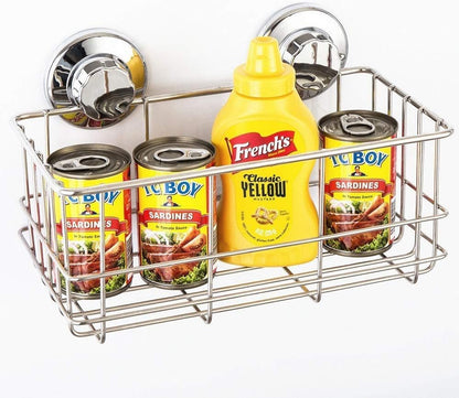 Suction Cup Shower Caddy Bath Wall Shelf, Deep Bathroom Basket Large Shower Caddy Bath Organizer Kitchen Storage Basket for Gel Holder Bathroom Storage Shampoo, Conditioner -Stainless steel