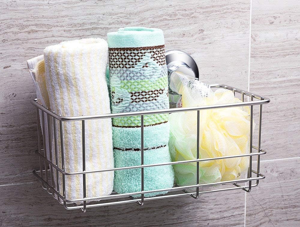 Suction Cup Shower Caddy Bath Wall Shelf, Deep Bathroom Basket Large Shower Caddy Bath Organizer Kitchen Storage Basket for Gel Holder Bathroom Storage Shampoo, Conditioner -Stainless steel