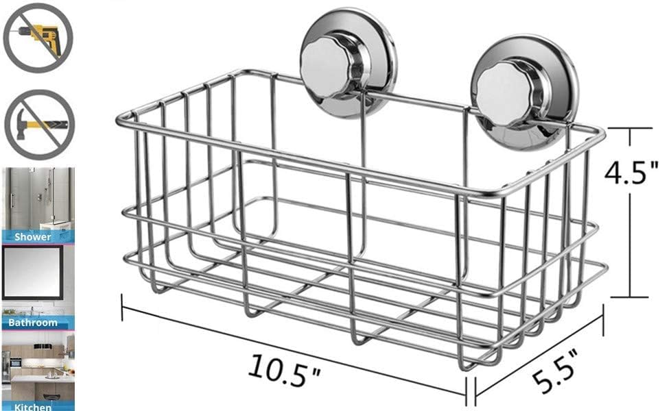 Suction Cup Shower Caddy Bath Wall Shelf, Deep Bathroom Basket Large Shower Caddy Bath Organizer Kitchen Storage Basket for Gel Holder Bathroom Storage Shampoo, Conditioner -Stainless steel