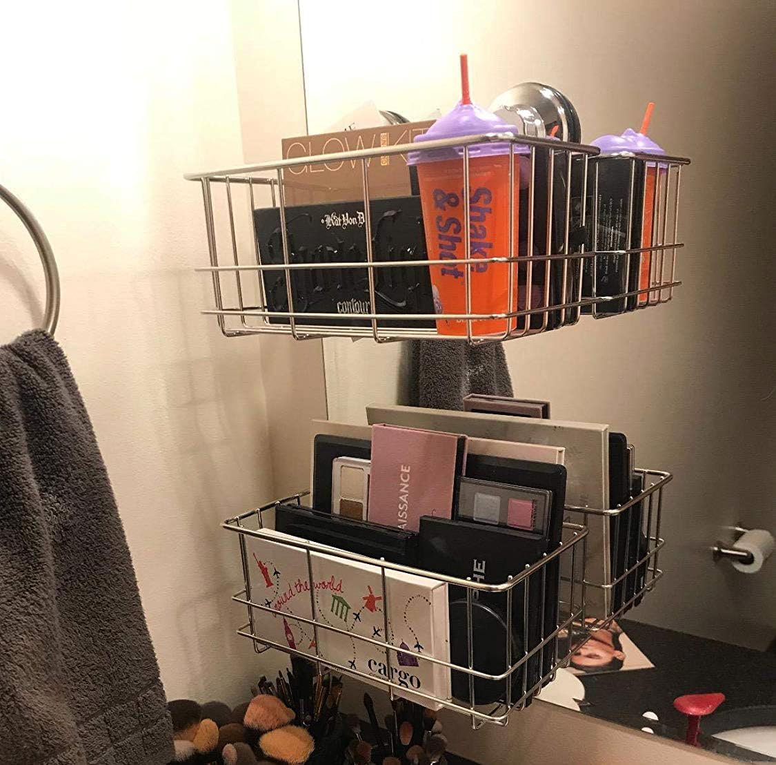 Suction Cup Shower Caddy Bath Wall Shelf, Deep Bathroom Basket Large Shower Caddy Bath Organizer Kitchen Storage Basket for Gel Holder Bathroom Storage Shampoo, Conditioner -Stainless steel