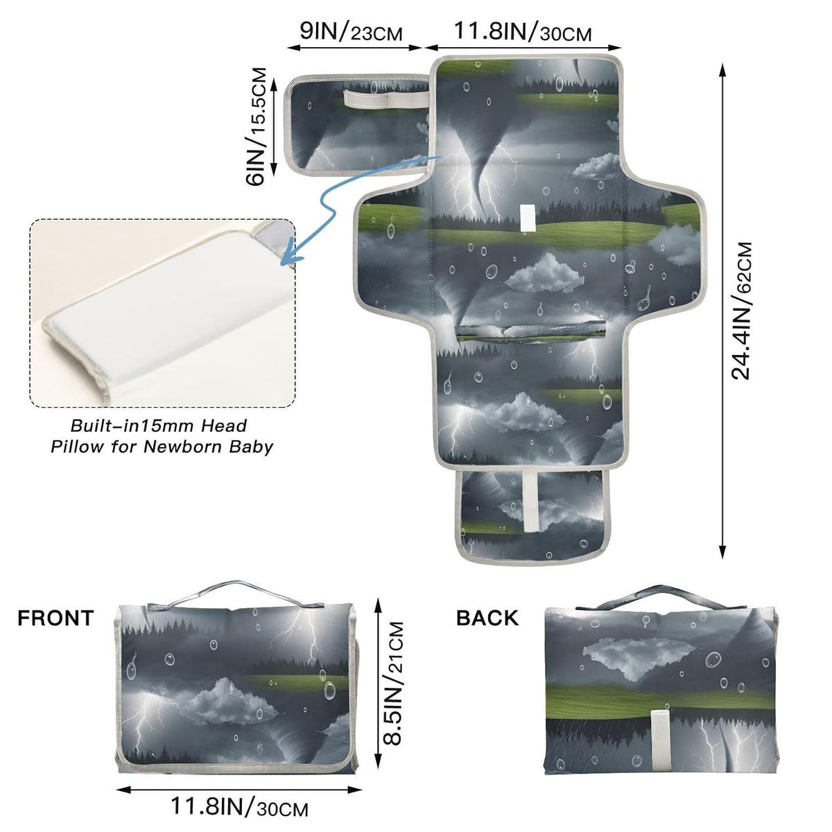 Dark Clouds Portable Changing Pad with Pillow, Waterproof Travel Changing Mat with Soft Cushion, Foldable Diaper Changing Pad, Travel Essential Shower Registry Gifts