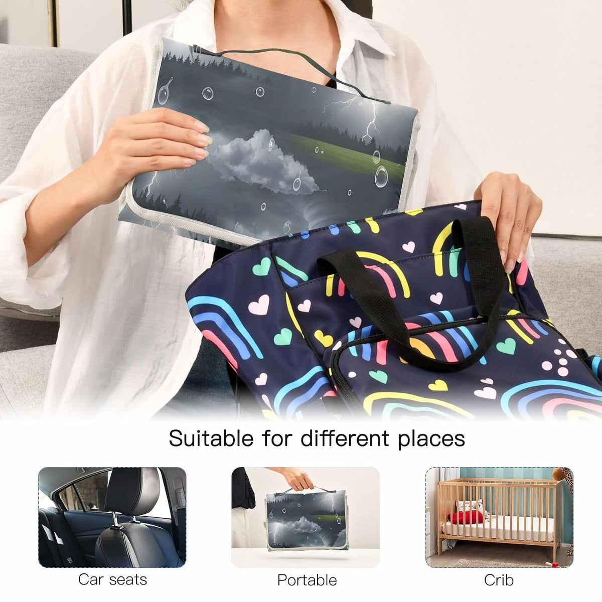 Dark Clouds Portable Changing Pad with Pillow, Waterproof Travel Changing Mat with Soft Cushion, Foldable Diaper Changing Pad, Travel Essential Shower Registry Gifts