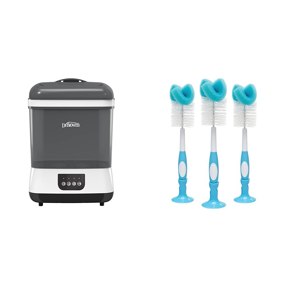 All-in-One Sterilizer and Dryer for Baby Bottles, Parts & Other Newborn Essentials & Baby Bottle Cleaning Brush with Sponge and Scrubber - Blue - 3-Pack
