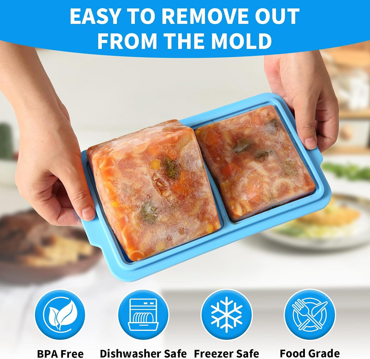 2 Pack Silicone Freezer Tray Cubes 2 Cup with Date Mark Lids for Freezing Food Leftovers Sauces Portion and Lasagna Broth, Soup Freezer Molds for Meal Prepping Thick Enough