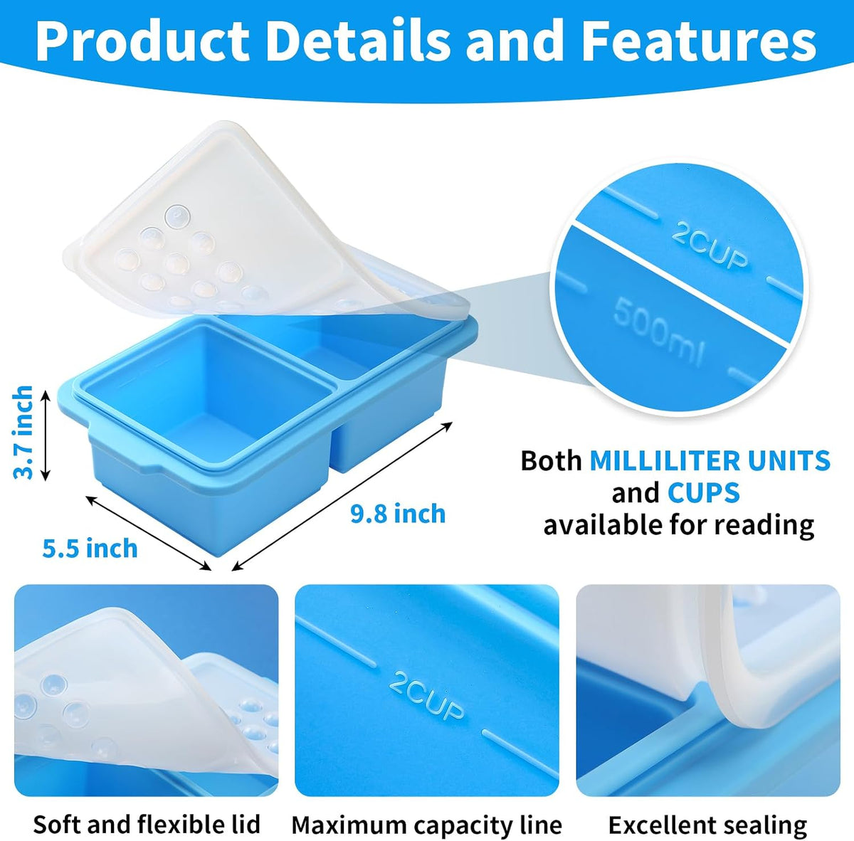 2 Pack Silicone Freezer Tray Cubes 2 Cup with Date Mark Lids for Freezing Food Leftovers Sauces Portion and Lasagna Broth, Soup Freezer Molds for Meal Prepping Thick Enough