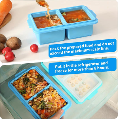 2 Pack Silicone Freezer Tray Cubes 2 Cup with Date Mark Lids for Freezing Food Leftovers Sauces Portion and Lasagna Broth, Soup Freezer Molds for Meal Prepping Thick Enough