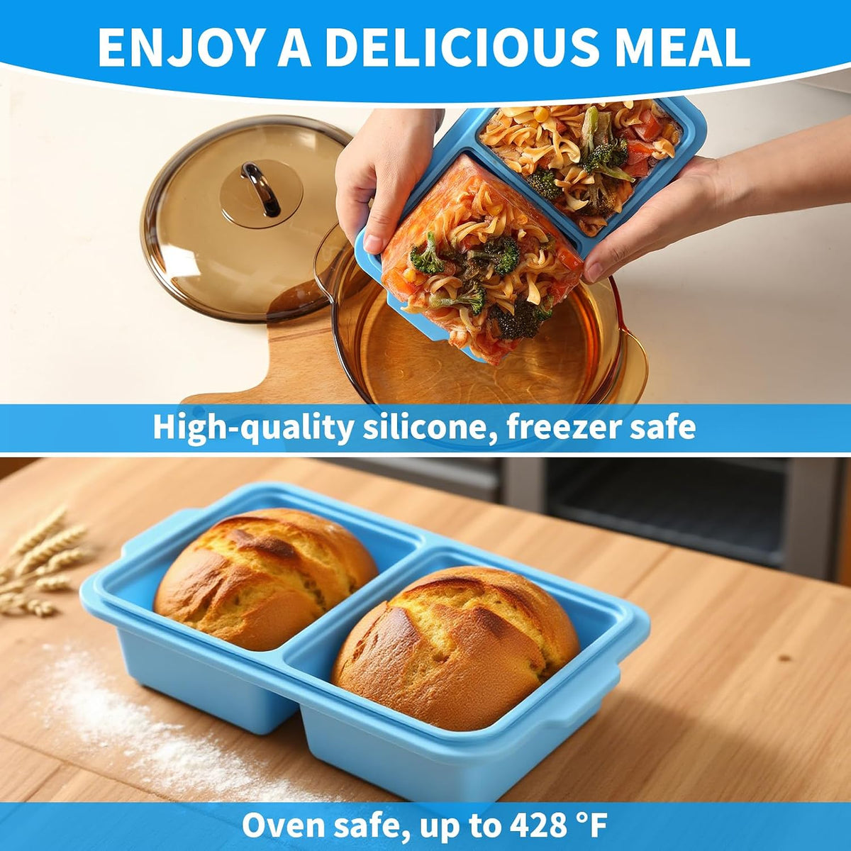 2 Pack Silicone Freezer Tray Cubes 2 Cup with Date Mark Lids for Freezing Food Leftovers Sauces Portion and Lasagna Broth, Soup Freezer Molds for Meal Prepping Thick Enough