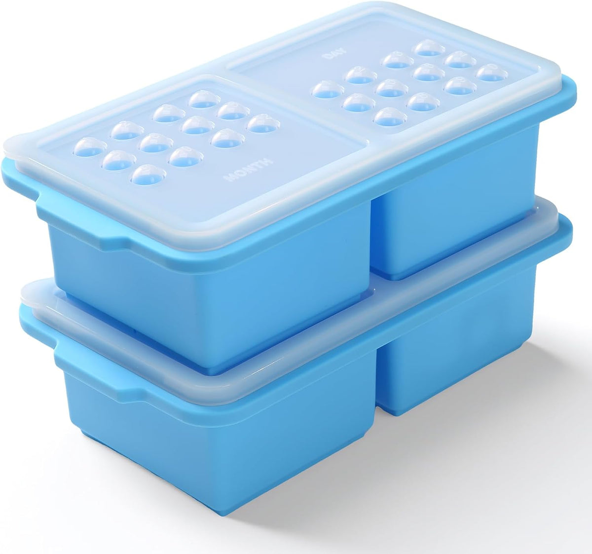 2 Pack Silicone Freezer Tray Cubes 2 Cup with Date Mark Lids for Freezing Food Leftovers Sauces Portion and Lasagna Broth, Soup Freezer Molds for Meal Prepping Thick Enough