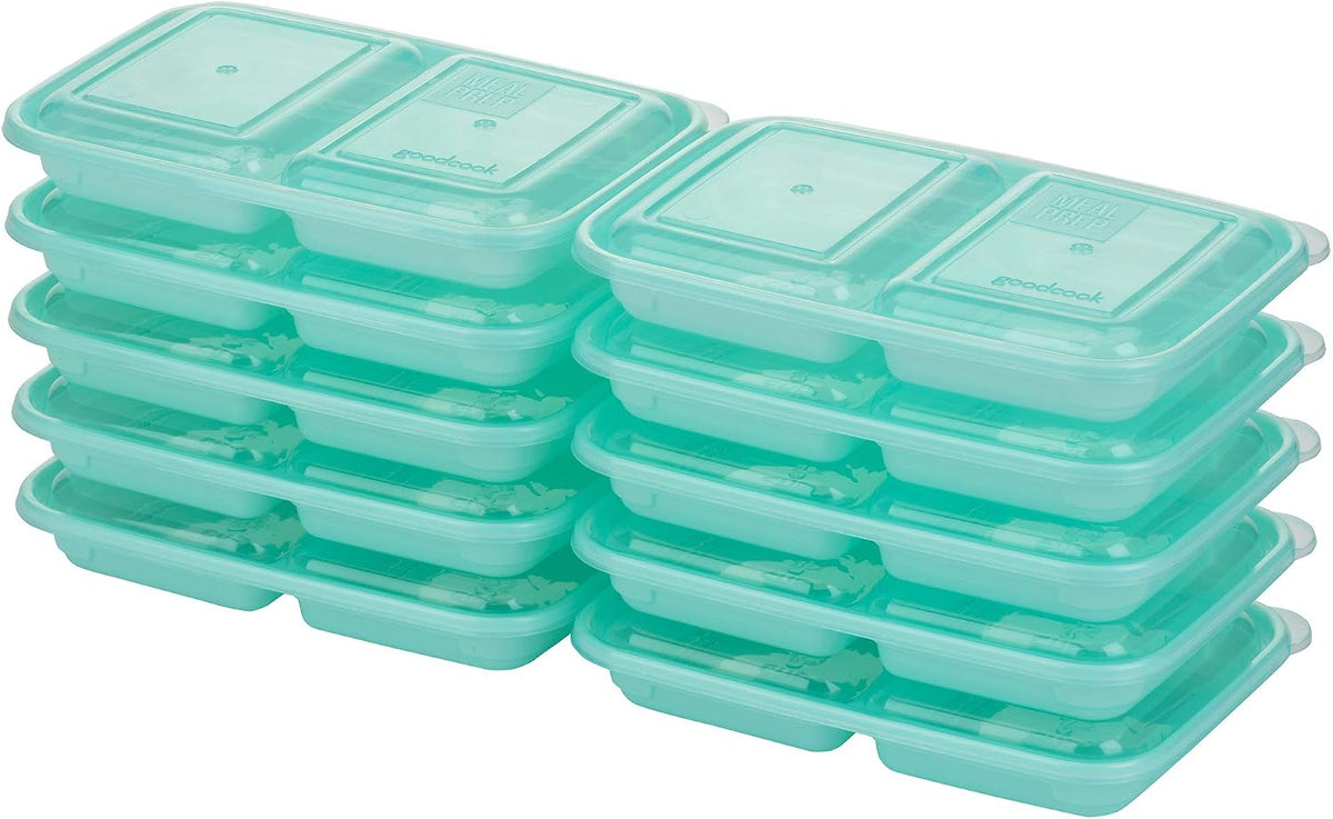 2-Compartment Food Storage Container Set with Snap-Shut Lids, Reusable Divided Snack Containers with Lids, Set of 10, Blue