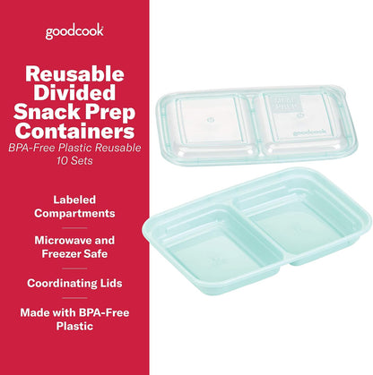 2-Compartment Food Storage Container Set with Snap-Shut Lids, Reusable Divided Snack Containers with Lids, Set of 10, Blue