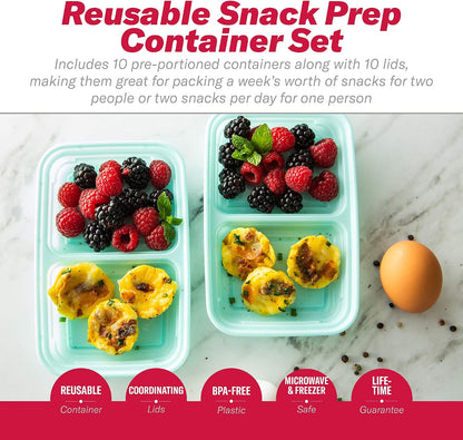 2-Compartment Food Storage Container Set with Snap-Shut Lids, Reusable Divided Snack Containers with Lids, Set of 10, Blue