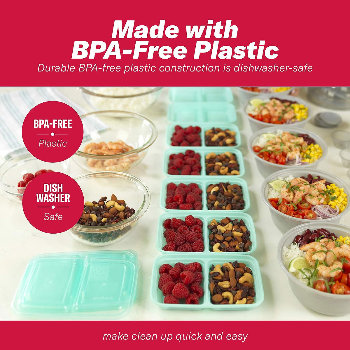 2-Compartment Food Storage Container Set with Snap-Shut Lids, Reusable Divided Snack Containers with Lids, Set of 10, Blue