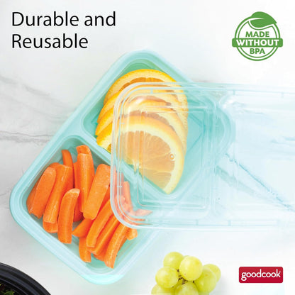 2-Compartment Food Storage Container Set with Snap-Shut Lids, Reusable Divided Snack Containers with Lids, Set of 10, Blue