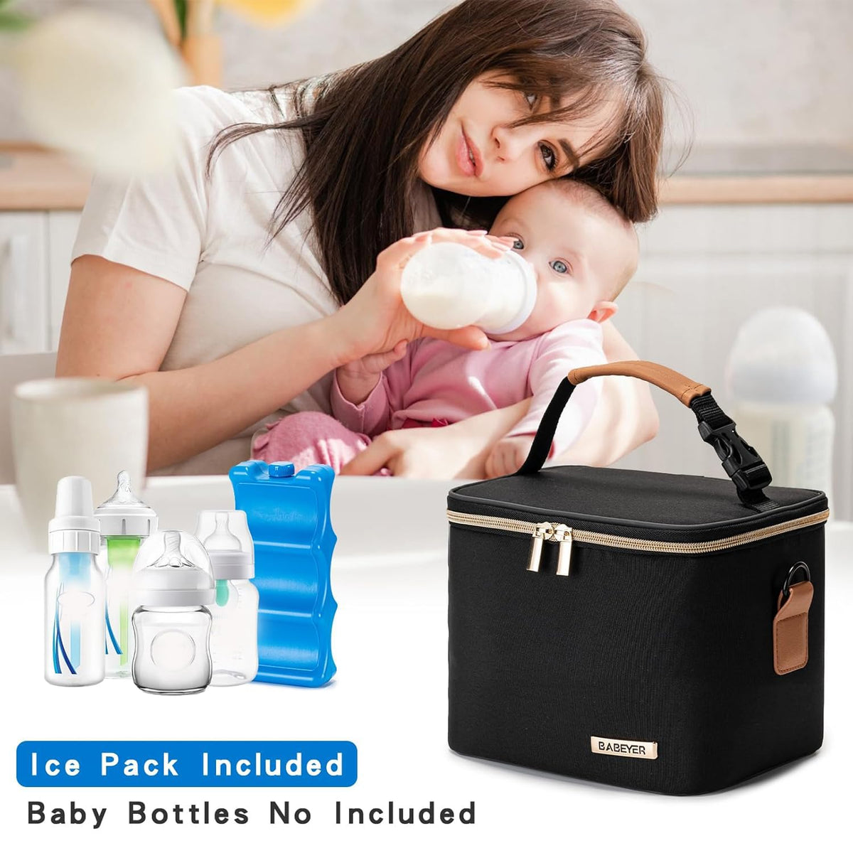 Breastmilk Cooler Bag with Ice Pack Fits 6 Baby Bottles Up to 9 Ounce, Baby Bottle Bag with Shoulder Strap for Nursing Mom Daycare, Cream