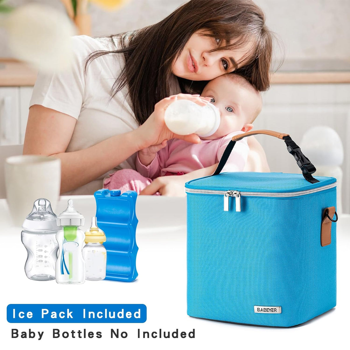 Breastmilk Cooler Bag with Ice Pack Fits 6 Baby Bottles Up to 9 Ounce, Baby Bottle Bag with Shoulder Strap for Nursing Mom Daycare, Cream