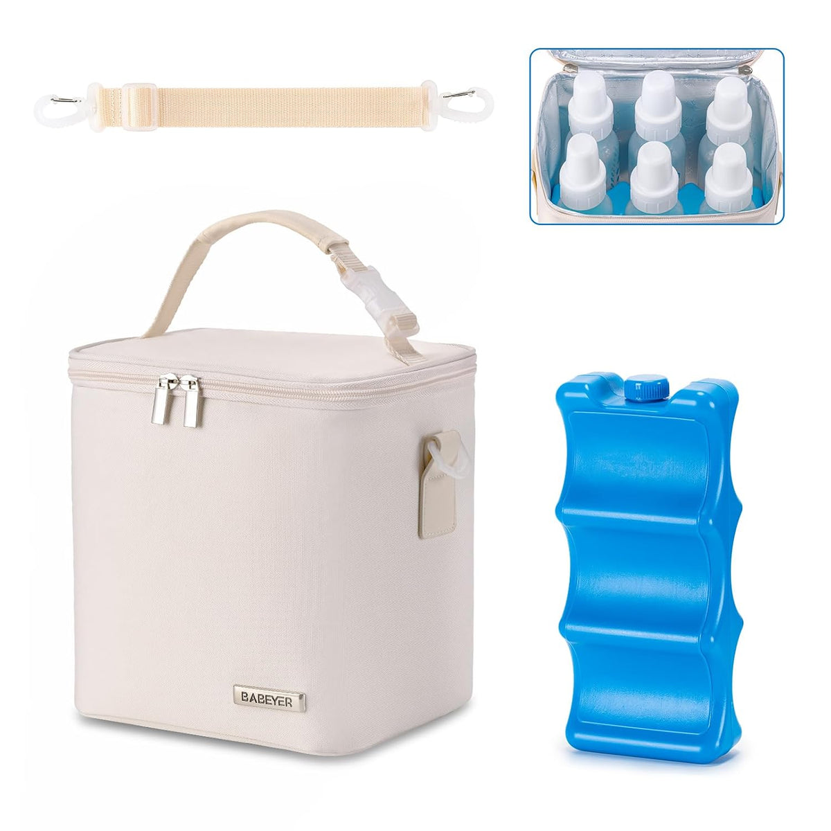 Breastmilk Cooler Bag with Ice Pack Fits 6 Baby Bottles Up to 9 Ounce, Baby Bottle Bag with Shoulder Strap for Nursing Mom Daycare, Cream