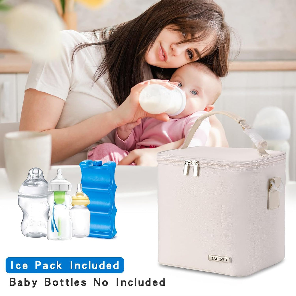 Breastmilk Cooler Bag with Ice Pack Fits 6 Baby Bottles Up to 9 Ounce, Baby Bottle Bag with Shoulder Strap for Nursing Mom Daycare, Cream