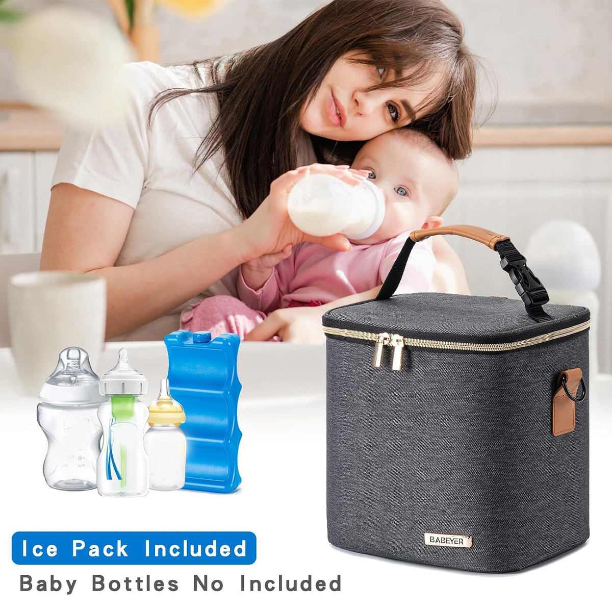 Breastmilk Cooler Bag with Ice Pack Fits 6 Baby Bottles Up to 9 Ounce, Baby Bottle Bag with Shoulder Strap for Nursing Mom Daycare, Cream