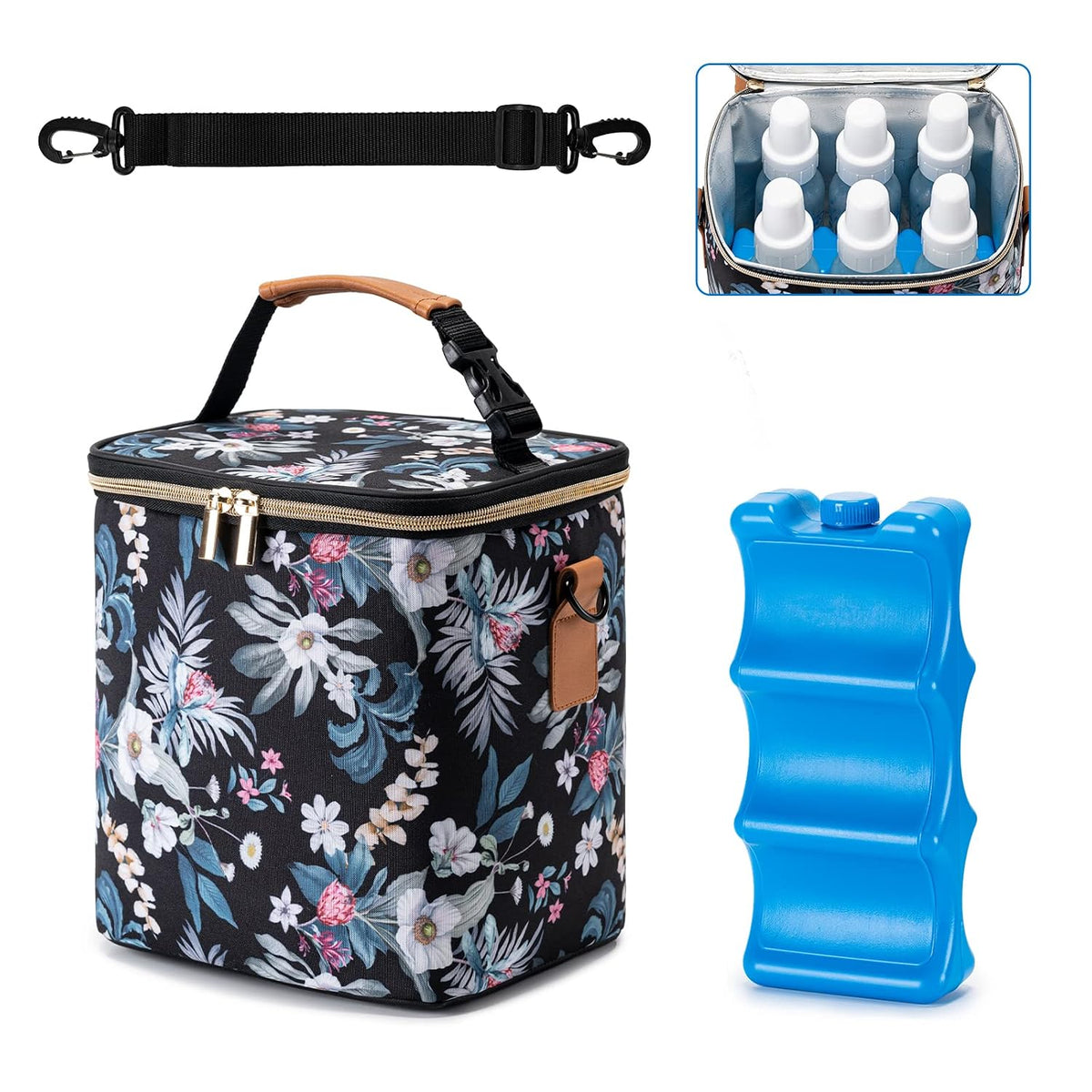 Breastmilk Cooler Bag with Ice Pack Fits 6 Baby Bottles Up to 9 Ounce, Baby Bottle Bag with Shoulder Strap for Nursing Mom Daycare, Cream