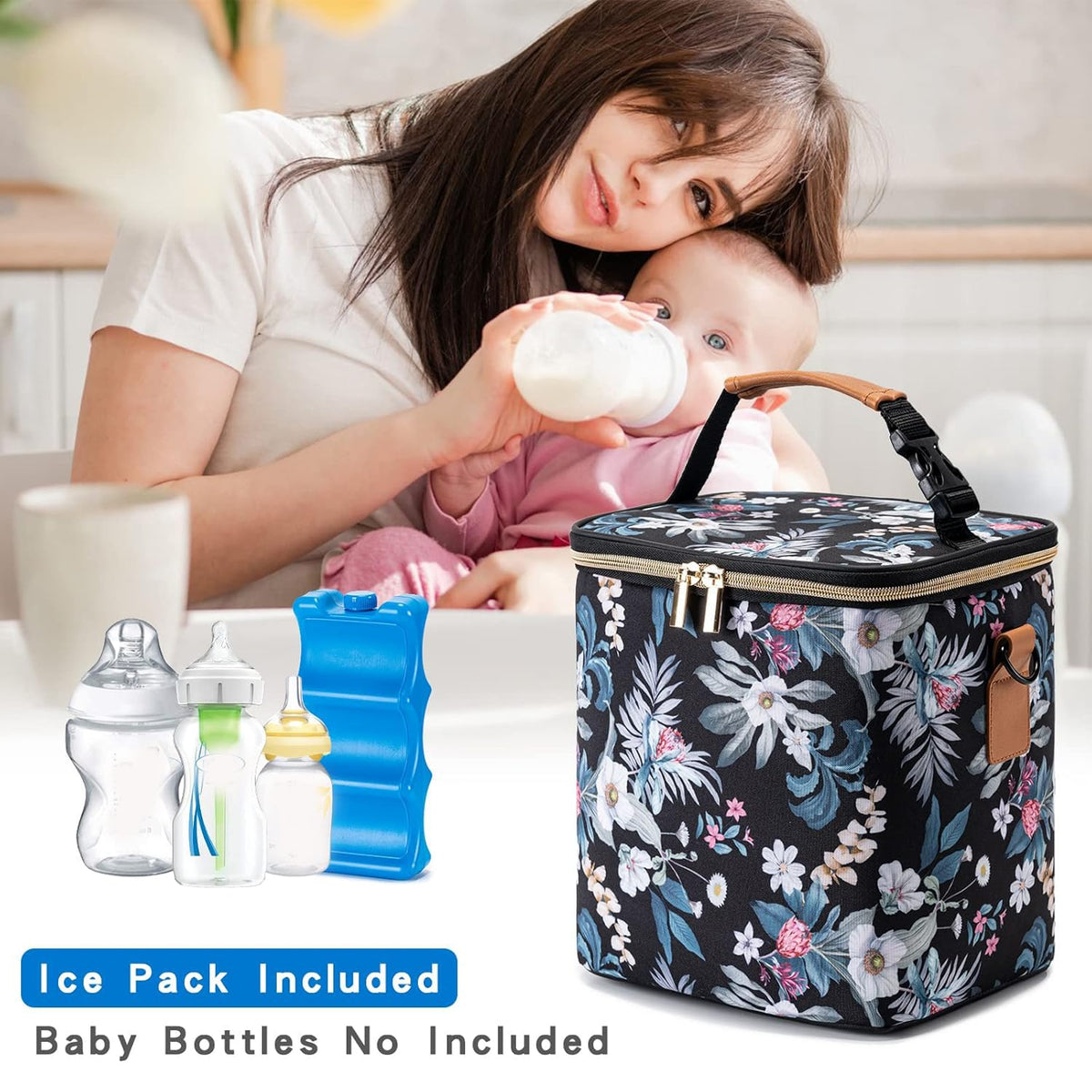 Breastmilk Cooler Bag with Ice Pack Fits 6 Baby Bottles Up to 9 Ounce, Baby Bottle Bag with Shoulder Strap for Nursing Mom Daycare, Cream