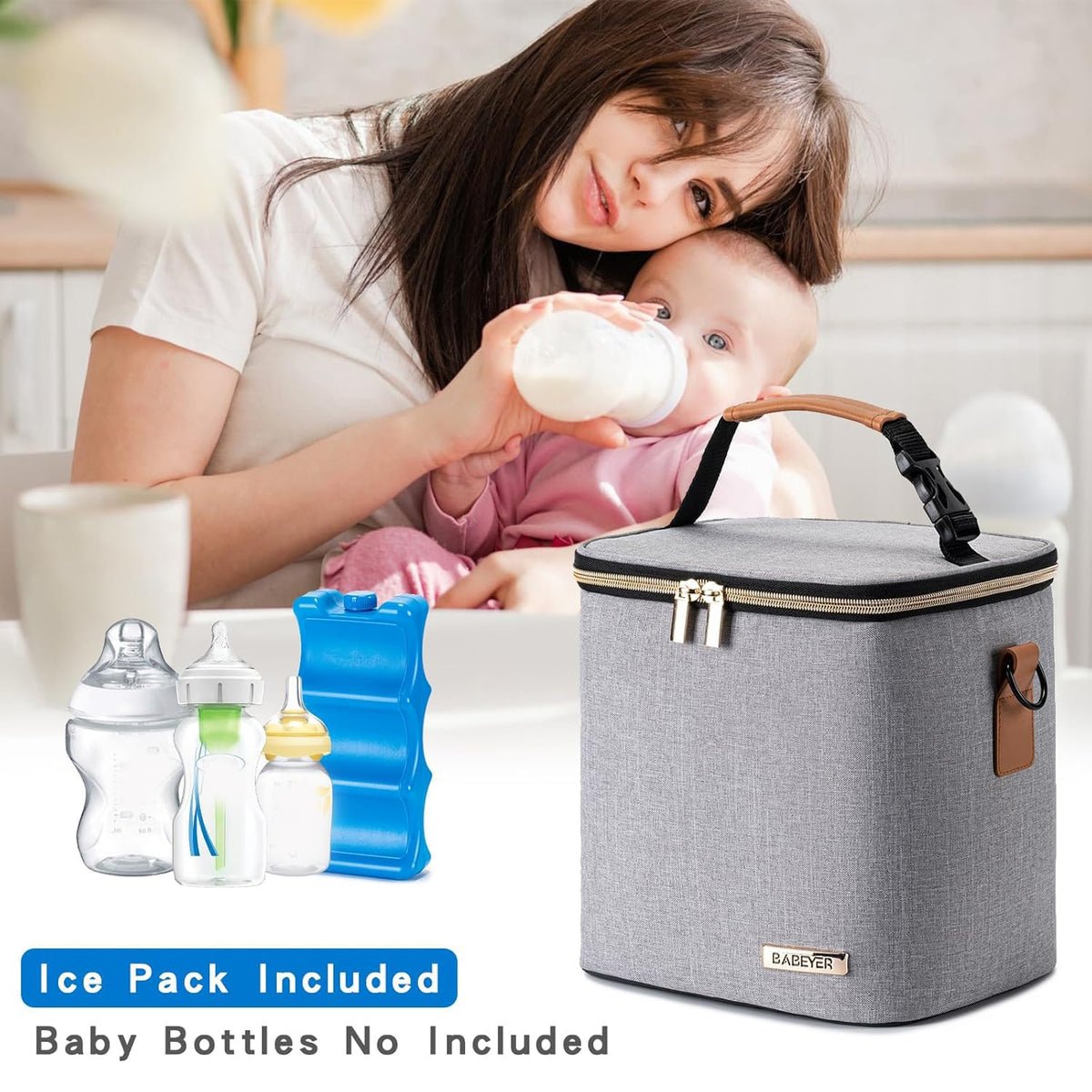 Breastmilk Cooler Bag with Ice Pack Fits 6 Baby Bottles Up to 9 Ounce, Baby Bottle Bag with Shoulder Strap for Nursing Mom Daycare, Cream