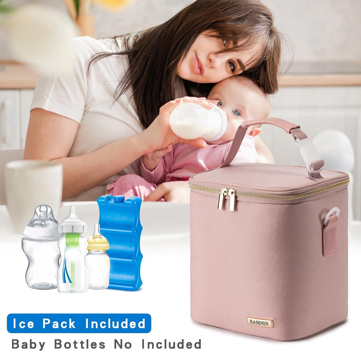 Breastmilk Cooler Bag with Ice Pack Fits 6 Baby Bottles Up to 9 Ounce, Baby Bottle Bag with Shoulder Strap for Nursing Mom Daycare, Cream