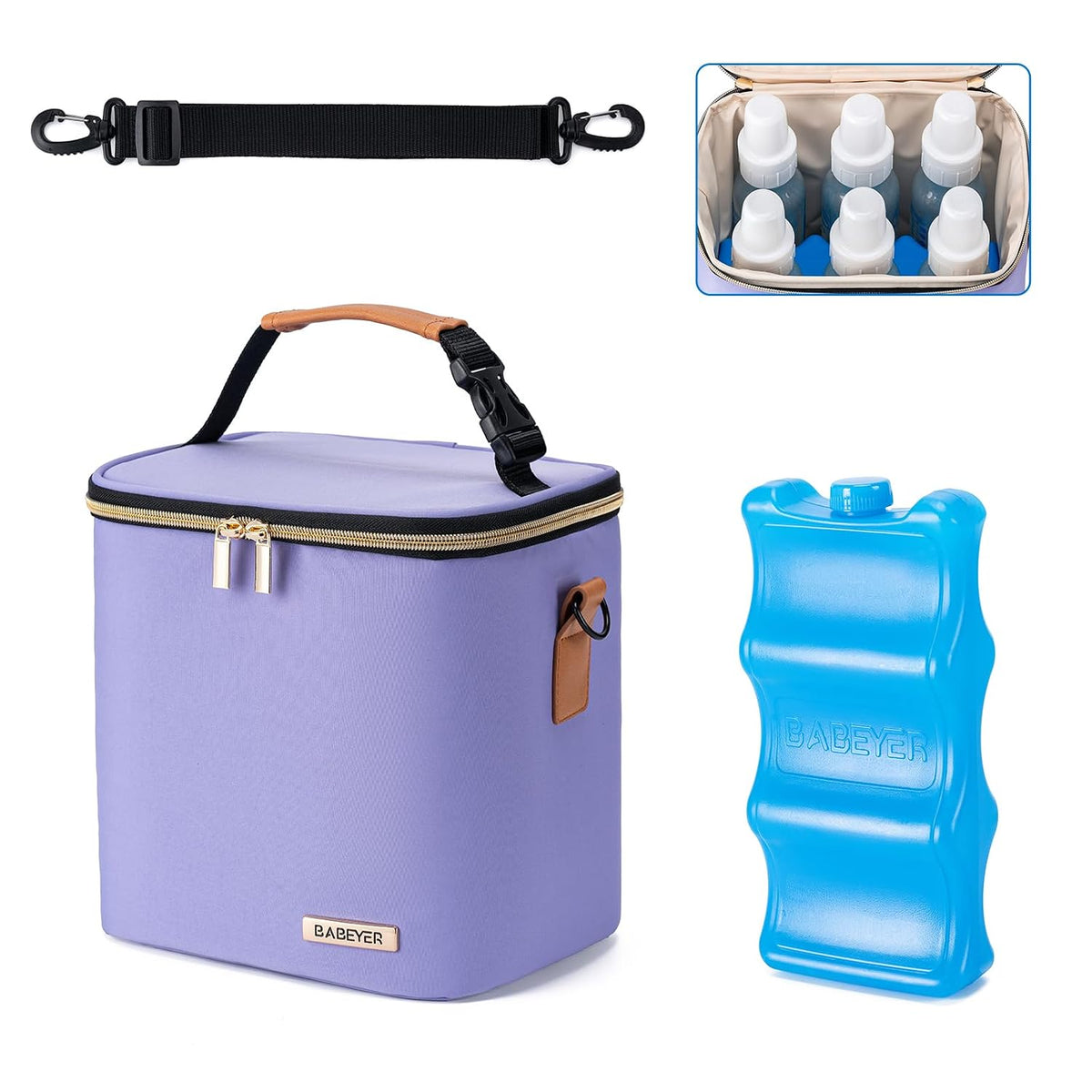 Breastmilk Cooler Bag with Ice Pack Fits 6 Baby Bottles Up to 9 Ounce, Baby Bottle Bag with Shoulder Strap for Nursing Mom Daycare, Cream
