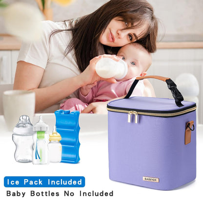 Breastmilk Cooler Bag with Ice Pack Fits 6 Baby Bottles Up to 9 Ounce, Baby Bottle Bag with Shoulder Strap for Nursing Mom Daycare, Cream
