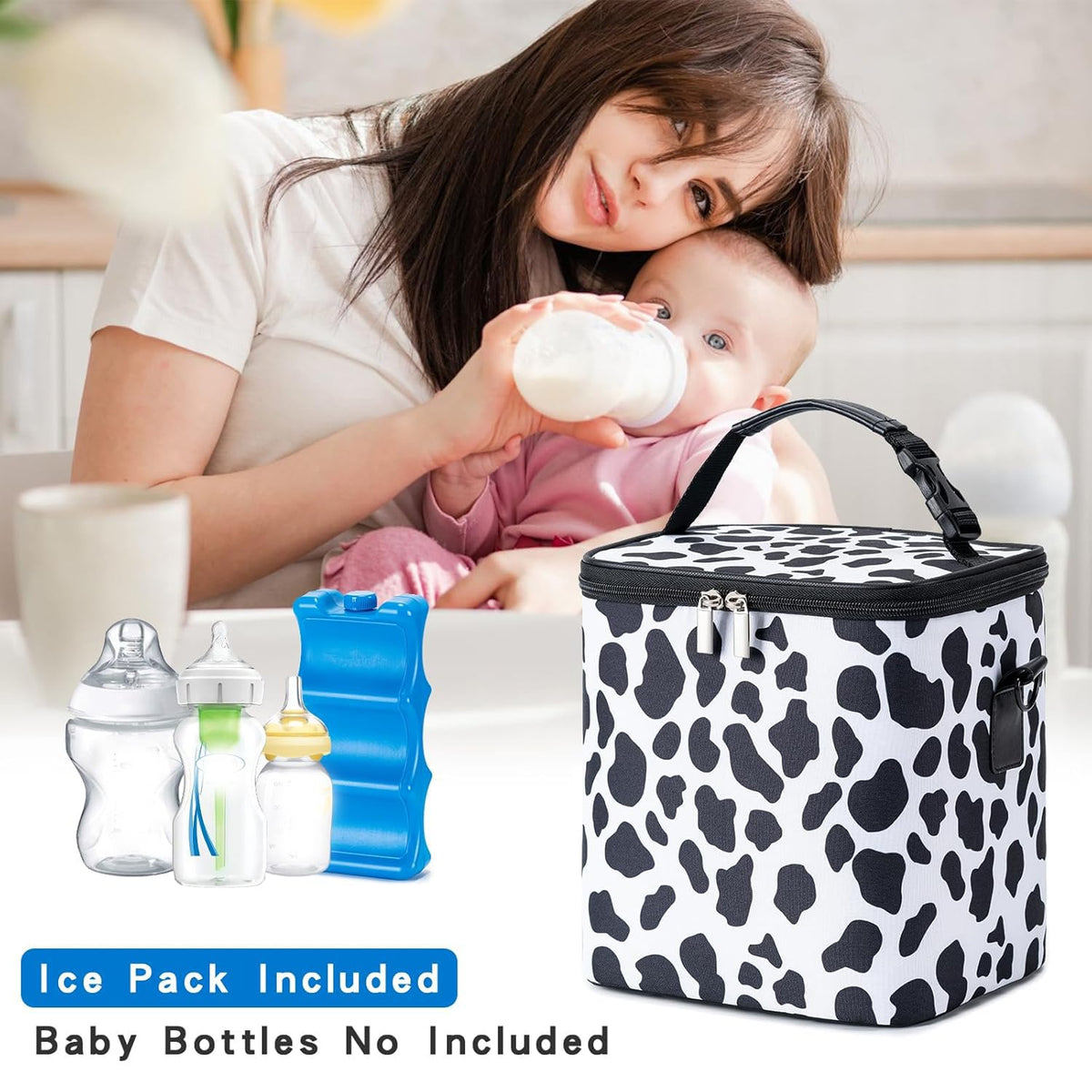Breastmilk Cooler Bag with Ice Pack Fits 6 Baby Bottles Up to 9 Ounce, Baby Bottle Bag with Shoulder Strap for Nursing Mom Daycare, Cream